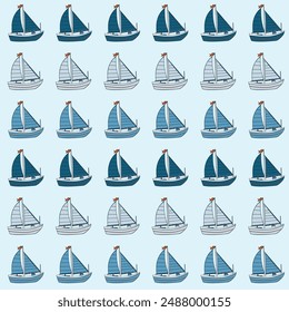 Seamless patterns with colorful sailboats. In blue tones on a light blue background. Printing on fabric