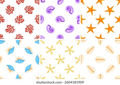 Seamless patterns with colorful seashells, corals and starfishes showing marine life