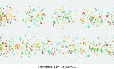 Seamless patterns with colorful sprinkled sweets. Vector illustration with realistic colorful tiny candies isolated on transparent background. Decorative elements.