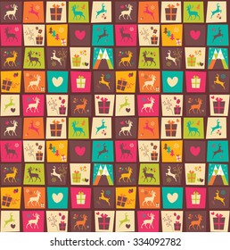Seamless patterns with colorful squares, Christmas reindeer, gift boxes and snowflakes, vector illustration