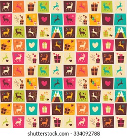 Seamless patterns with colorful squares, Christmas reindeer, gift boxes and snowflakes, vector illustration