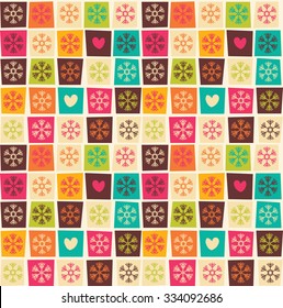 Seamless patterns with colorful squares and snowflakes, vector illustration