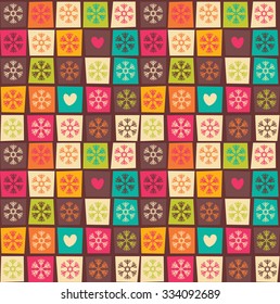 Seamless patterns with colorful squares and snowflakes, vector illustration