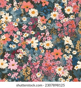 Seamless patterns colorful of wild pink and purple daisy flowers, flat modern drawing, white background for textile and fashion design.