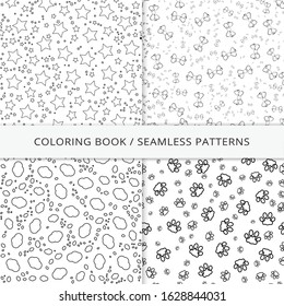 Seamless patterns and coloring book. Stars, clouds, bows and paws endless texture for coloring book, wallpaper, invitation, pattern fills, background, textures. Vector illustration
