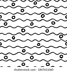 Seamless patterns. Combination of circles and wavy lines, hand made. Shades of gray.