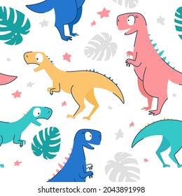 Patrones sin inconvenientes. Concepto para un niño. Dinosaurios turquesas amarillos de color rosa rosa con hojas de monstera y estrellas. Ilustración vectorial plana.