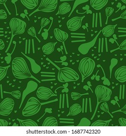 Seamless patterns. The concept of a healthy diet. Sprouts of nutritious microgreens for vegetarian and vegan food. Great background for your packaging.