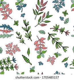  Nahtlose Muster. Das Konzept Heimgarten für Ihre Verpackung. Heissgarten mit duftenden Kräutern, Illustration für eine gesunde Ernährung.