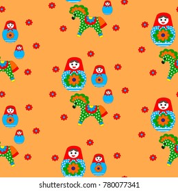 Seamless patterns consisting of nesting dolls and horses with orange filling.