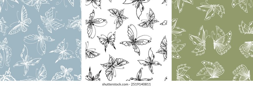 Seamless patterns of contour drawings different decorative flying butterflies, backgrounds, wallpaper, textile, paper, fabric, vector illustration 