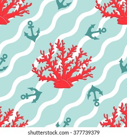Seamless patterns with corals and anchors