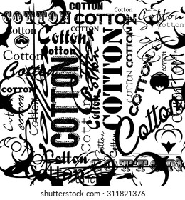 Seamless patterns with cotton flower and fonts.Cotton flat logos, icons. Style for Textile Company.