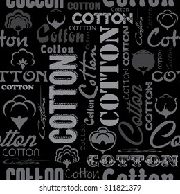 Seamless patterns with cotton flower and fonts.Cotton flat logos, icons. Style for Textile Company.