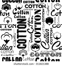 Seamless patterns with cotton flower and fonts.
Cotton flat logos, icons. 
Style for Textile Company.