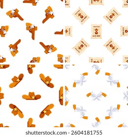 Seamless patterns with cowboy accessories such as guns, hats and wanted posters