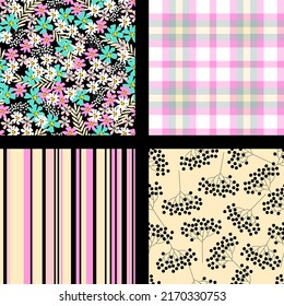 Seamless patterns created in colors and shapes that complement each other. Scottish check, strips and romantic vintage floral print in liberty style. Summer textile collection. Eps10. Vector.