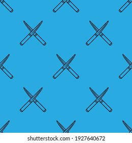 Seamless patterns. Crossed doodle knives isolated on blue background. Vector illustration.