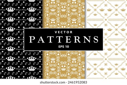 Seamless patterns with crowns and flowers background. Suitable for luxury branding, royal-themed events, children's parties, packaging design, fabric prints, stationery, wallpaper, digital backgrounds