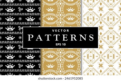 Seamless patterns with crowns and flowers background. Suitable for luxury branding, royal-themed events, children's parties, packaging design, fabric prints, stationery, wallpaper, digital backgrounds