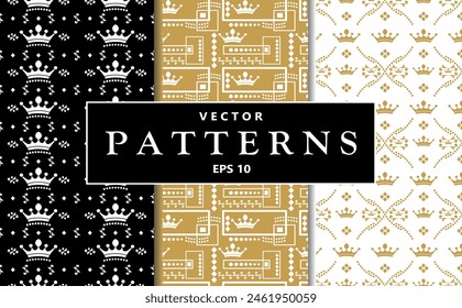 Seamless patterns with crowns and gold background. Suitable for luxury branding, royal-themed events, children's parties, packaging design, fabric prints, stationery, wallpaper, digital backgrounds