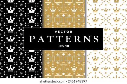 Seamless patterns with crowns and stars background. Suitable for luxury branding, royal-themed events, children's parties, packaging design, fabric prints, stationery, wallpaper, digital backgrounds