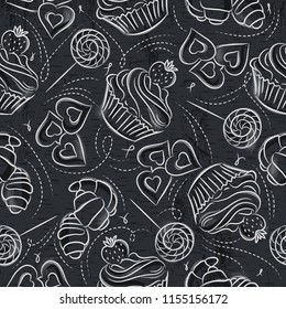 Seamless patterns with cupcake, croissant and cookie on grunge blackboard.Ideal for printing onto fabric and paper or scrap booking.