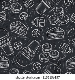 Seamless Patterns with cupcake, ice cream, cake and cookie on grunge blackboard.Ideal for printing onto fabric and paper or scrap booking.