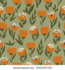 Seamless patterns with cute abstract orange tulip flowers on a green background. Vector illustration. Funny print for fabric or paper, any surface design