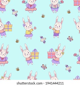 Seamless patterns with cute animals. Easter hares - boy and girl with gifts and Easter eggs on a blue background with insect and birds. Vector illustration 
