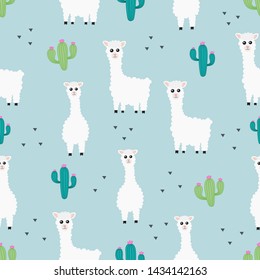 seamless patterns cute animals llama or alpaca with cactus isolated on blue background. Vector illustration