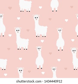 seamless patterns cute animals llama or alpaca with heart isolated on pink background. Vector illustration