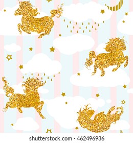 Nahtlose Muster mit Cute Baby Unicorns. Alles Gute zum Geburtstag! Farbiger Nachthimmel mit Sternen, Wolken, goldener Dodle-Dekoration. Handgezeichnete Vektorgrafik, getrennte Elemente.