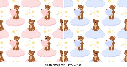 Seamless patterns with cute bears on  clouds on a white background with stars. Childish endless ornament for boys and girls. 