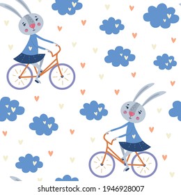 Seamless patterns. Cute bunny riding a bike. Clouds. Hand drawn vector illustration.