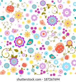 Seamless patterns of Cute cartoon birds on flowers in vector. Stylish floral card.