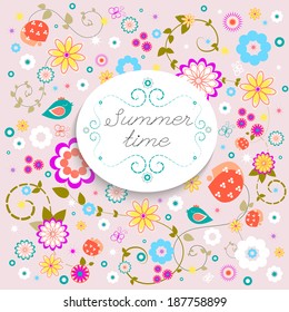Seamless patterns of Cute cartoon birds on flowers in vector. Stylish floral card.
