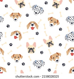 Seamless patterns with cute cartoon dogs muzzles. Dalmatian, Terrier, Bulldog.