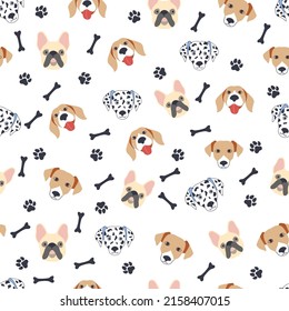 Seamless patterns with cute cartoon dogs muzzles. Dalmatian, Terrier, Bulldog.