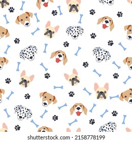 Seamless patterns with cute cartoon dogs muzzles. Dalmatian, Terrier, Bulldog.