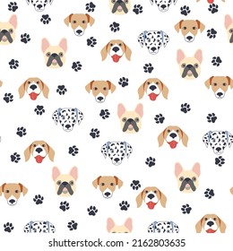 Seamless patterns with cute cartoon dogs muzzles. Dalmatian, Terrier, Bulldog.