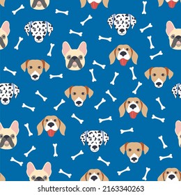 Seamless patterns with cute cartoon dogs muzzles. Dalmatian, Terrier, Bulldog.