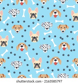 Seamless patterns with cute cartoon dogs muzzles. Dalmatian, Terrier, Bulldog.