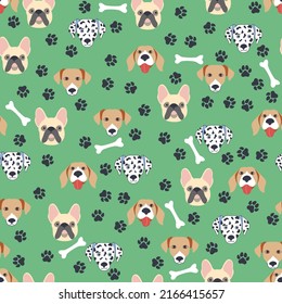 Seamless patterns with cute cartoon dogs muzzles. Dalmatian, Terrier, Bulldog.