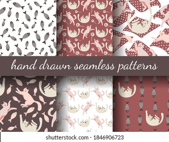Seamless patterns with cute cat. Cat playing with a ball of thread. Vector hand drawn illustration. Lazy cats and fish. Print for fabric, craft paper, packaging.