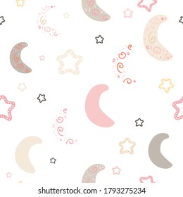 Nahtlose Muster. scharfe kindische
 Illustrationen mit Sternen und Mond. Textil-Design in sanften rosa und beigen Pastellfarben.