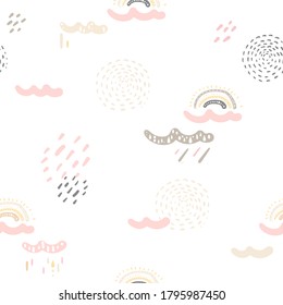Seamless patterns. Cute childish illustrations with rainbow, raindrops, clouds, dots, dashes. Textile design in soft pink and beige pastel colors.