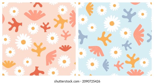 Seamless patterns with cute daisy flower, tropical leaves and exotic plant on orange and blue backgrounds vector illustration. 