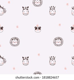 Seamless patterns. Cute decorative portraits of animals. Tropical - lion and panda, zebra and giraffe on a light background. The of textiles, packaging, wallpaper. Vector. outline.Scandinavian design