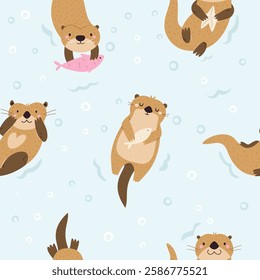 Seamless patterns with cute floating otters. Colorful design for gift boxes, wrapping paper, fabric